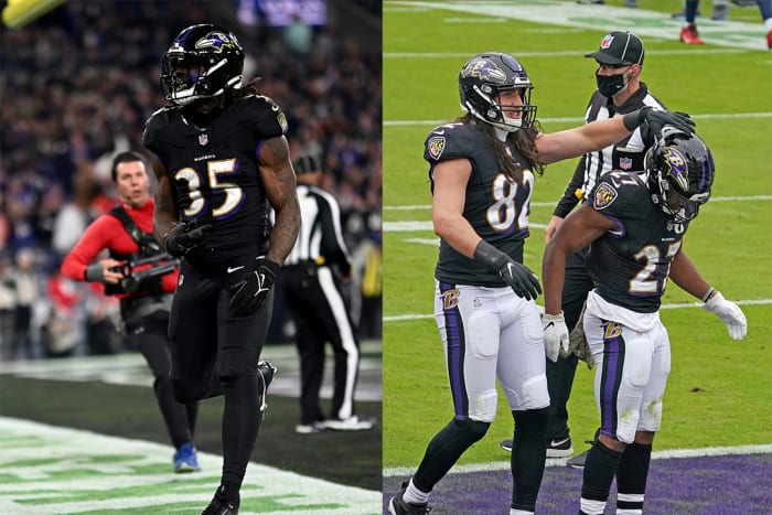 Baltimore Ravens running backs Gus Edwards (left) and J.K. Dobbins (right).